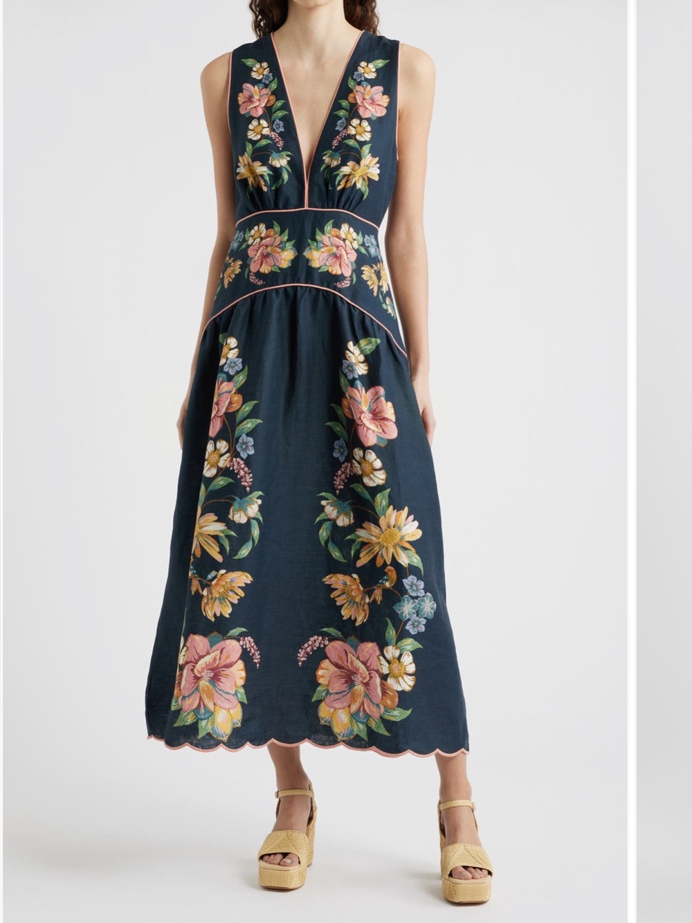 Farm Rio Maria Linen Dress Blue Floral